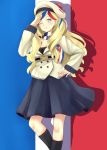  1girl artist_request belt beret blonde_hair blue_eyes breasts cleavage commandant_teste_(kantai_collection) french_flag hat jacket kantai_collection long_hair multicolored_hair one_eye_closed pom_pom_(clothes) salute scarf shadow skirt smile solo 