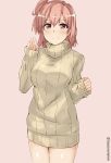  1girl looking_at_viewer naked_sweater pink_background pink_hair red_eyes salute short_hair simple_background smile solo sweater tasora turtleneck twitter_username yahari_ore_no_seishun_lovecome_wa_machigatteiru. yuigahama_yui 