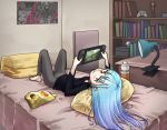  1girl barefoot bed bed_sheet blue_hair bottle chips controller death_(entity) desk desk_lamp despair_(artist) food game_controller gradient_hair handheld_game_console indoors jitome joy-con knees_up lamp leggings long_hair long_sleeves looking_at_viewer lying multicolored_hair nintendo_switch on_back original pillow playing_games poster_(object) potato_chips skull smile snow_globe solo sweater the_legend_of_zelda the_legend_of_zelda:_breath_of_the_wild upside-down 