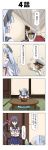  &gt;_&lt; 1boy 2girls 4koma akebono_(kantai_collection) arms_up bangs bell blue_hair blunt_bangs closed_eyes comic crossed_arms depressed door dress epaulettes fingerless_gloves flower food fruit gloves hair_bell hair_flower hair_ornament hallway hands_on_own_head hat headgear highres kantai_collection little_boy_admiral_(kantai_collection) long_hair long_sleeves mandarin_orange military military_hat military_uniform multiple_girls murakumo_(kantai_collection) neckerchief necktie open_mouth outstretched_arms oversized_clothes peaked_cap pleated_skirt purple_hair rappa_(rappaya) red_eyes sailor_dress school_uniform serafuku short_sleeves side_ponytail sitting skirt table translation_request uniform violet_eyes walking_away 