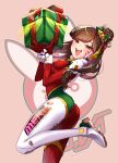 1girl :d animal_print artist_request ass bangs bodysuit breasts brown_eyes brown_hair bunny_print christmas_ornaments d.va_(overwatch) facepaint facial_mark from_side gift gloves glowing happy headphones high_collar highres holding holding_gift legs logo long_hair looking_at_viewer open_mouth overwatch pauldrons pilot_suit pink_background pose rabbit shoulder_pads simple_background skin_tight smile solo swept_bangs teeth tied_hair whisker_markings 