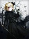  1girl bird blonde_hair capelet cross cross-laced_clothes crow darkness dress expressionless gloves hair_ribbon highres plague_doctor plague_doctor_mask red_eyes ribbon rumia short_hair spark621 stick touhou 