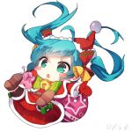 1girl aqua_hair bai_yemeng bell belt blush_stickers boots chibi christmas falling hat hatsune_miku jingle_bell long_hair lowres mittens open_mouth santa_costume santa_hat simple_background solo twintails very_long_hair vocaloid white_background 