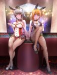  2girls animal_ears arm_support bare_shoulders battle_girl_high_school blonde_hair blue_eyes blurry blush bokeh breasts bunny_girl bunnysuit casino character_request cleavage depth_of_field detached_collar fake_animal_ears fishnet_legwear fishnet_pantyhose fishnets full_body green_eyes grey_hair high_heels highres large_breasts legs legs_crossed long_hair looking_at_viewer multiple_girls open_mouth pantyhose rabbit_ears ravejaeger sitting tokiwa_kurumi underbust wrist_cuffs 