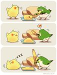  /\/\/\ 3koma bird bread butter closed_eyes cockatiel comic era_(traveling_bird) food heart japanese_white-eye knife no_humans open_mouth original slice_of_bread spoken_heart twitter_username zzz 