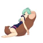  1girl bangs barefoot body_pillow character_request full_body green_eyes green_hair hands_together highres long_hair matching_hair/eyes object_hug official_art shorts simple_background solo stuffed_animal stuffed_toy swept_bangs teddy_bear white_background wince youkai_hyakki-tan! 