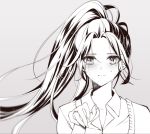  1girl atobesakunolove jewelry looking_at_viewer monochrome overwatch ponytail portrait ring simple_background smile solo tears white_background widowmaker_(overwatch) 