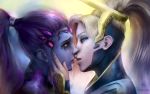  2girls adapted_costume blonde_hair blue_eyes eye_contact highres incipient_kiss linblack looking_at_another mechanical_halo mercy_(overwatch) multiple_girls overwatch purple_skin runny_makeup tears widowmaker_(overwatch) yellow_eyes yuri 