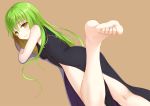  1girl ass bangs bare_shoulders barefoot black_dress breasts brown_background china_dress chinese_clothes closed_mouth cowboy_shot dress eyebrows_visible_through_hair feet flan_(seeyouflan) from_behind green_background green_eyes green_hair hair_between_eyes highres kochiya_sanae leg_up long_hair looking_at_viewer looking_back lying matching_hair/eyes medium_breasts nail_polish on_stomach pelvic_curtain pink_lips pink_nails side_slit simple_background skin_tight sleeveless sleeveless_dress smile soles solo toenail_polish toenails toes touhou 