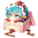  +_+ 1girl ahoge aqua_hair bai_yemeng bell blush_stickers box chibi christmas gift green_eyes hat hatsune_miku in_box in_container long_hair lowres santa_costume santa_hat simple_background smile solo vocaloid white_background 