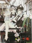  2girls alcohol animal_ears bar bare_legs bare_shoulders between_breasts bottle bow bowtie breasts brown_eyes brown_hair cat_ears chair champagne cherry cleavage cocktail_glass cup drinking_glass female flower food fruit highres indoors jack_daniel&#039;s kanna_kii midriff multiple_girls necktie necktie_between_breasts picture_frame plant rabbit_ears shorts sitting skirt whiskey white_hair wrist_cuffs 