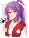  1girl annoyed arms_at_sides asa_(coco) bow character_request frown hair_bow hair_ribbon japanese_clothes long_hair looking_at_viewer ponytail purple_hair ribbon touhou upper_body 