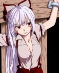  1girl blood blood_on_face bound bow breasts cleavage cross crucifixion frown fujiwara_no_mokou hair_bow hair_ribbon highres long_hair medium_breasts miyo_(ranthath) open_clothes open_shirt pants red_eyes restrained ribbon shirt stationary_restraints suspenders torn_clothes torn_sleeves touhou 