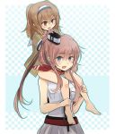  &gt;:d 2girls :d annin_musou blue_eyes blush brown_eyes brown_hair carrying checkered checkered_background child commentary hands_on_another&#039;s_head highres i-26_(kantai_collection) kantai_collection long_hair multiple_girls open_mouth ponytail saratoga_(kantai_collection) shoulder_carry smile younger 