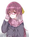  1girl adjusting_glasses alternate_costume arm_at_side bespectacled buttons casual coat disco_brando glasses gloves highres kamikaze_(kantai_collection) kantai_collection light_smile long_hair looking_at_viewer pink_scarf purple_gloves purple_hair ribbon scarf twitter_username upper_body violet_eyes winter_clothes winter_coat yellow_ribbon 