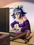  1girl :q ahoge artist_name bare_shoulders black_legwear blue_hair blush breasts brown_eyes cleavage closed_mouth controller frown full_body game_console game_controller hair_between_eyes highres holding huge_ahoge indian_style kami_mitsugu_(kamiken) long_sleeves medium_breasts nes off-shoulder_shirt on_head original playing_games purple_skirt shirt sitting skirt solo tatami television thigh-highs tongue tongue_out watermark web_address 