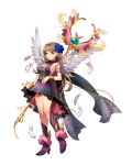  1girl aqua_eyes armlet boots bracelet brown_hair dress feathers flower full_body hair_flower hair_ornament high_heels highres holding holding_staff jewelry long_hair official_art olivier_(royal_flush_heroes) royal_flush_heroes solo staff transparent_background wings 