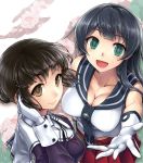  2girls agano_(kantai_collection) bare_shoulders black_hair breasts brown_eyes brown_hair cleavage collarbone ebizome floral_background from_above gloves green_eyes hair_ornament hairband kantai_collection large_breasts light_smile lips long_hair looking_at_viewer miniskirt multiple_girls myoukou_(kantai_collection) outstretched_hand pleated_skirt purple_clothes reaching_out red_skirt school_uniform shirt short_hair skirt sleeveless sleeveless_shirt smile upper_body white_gloves 
