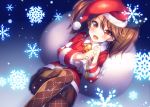  1girl alternate_costume black_skirt blush brown_eyes brown_hair brown_legwear christmas dutch_angle gradient gradient_background hat highres kantai_collection looking_at_viewer miniskirt open_mouth plaid plaid_legwear pleated_skirt pom_pom_(clothes) raiou ryuujou_(kantai_collection) sack santa_costume santa_hat skirt snow snowflakes tongue twintails 