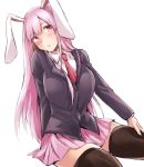  1girl animal_ears arm_at_side arm_support bangs blazer breasts brown_legwear buttons cowboy_shot dress_shirt eyebrows_visible_through_hair hand_on_leg jacket long_hair long_sleeves necktie nooca open_mouth pink_skirt pleated_skirt purple_hair rabbit_ears red_eyes red_necktie reisen_udongein_inaba shirt simple_background sitting skirt thigh-highs touhou white_background white_shirt zettai_ryouiki 