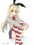  &gt;:) 1girl alternate_costume blonde_hair blush bow bowtie brown_eyes crossed_ankles dated hairband kantai_collection long_hair looking_at_viewer mokyutan no_shoes pleated_skirt red_bow red_bowtie shimakaze_(kantai_collection) sitting skirt smile solo striped striped_legwear sweater white_background 