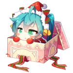  1girl :t ahoge aqua_hair bai_yemeng bell blush_stickers box chibi christmas gift green_eyes hat hatsune_miku in_box in_container long_hair lowres santa_costume santa_hat simple_background solo vocaloid white_background 