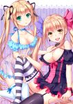  2girls absurdly_long_hair black_legwear black_ribbon blonde_hair blue_panties blue_ribbon bow breasts chemise choker cleavage collarbone commentary_request dress frilled_dress frills garter_straps green_eyes hair_bow hair_ribbon hand_on_another&#039;s_hip hand_on_another&#039;s_leg hand_on_another&#039;s_shoulder jewelry kneeling knees_together_feet_apart large_breasts leg_up lingerie long_hair looking_at_viewer medium_breasts mikami_sasara mismatched_legwear multiple_girls open_mouth original panties puffy_short_sleeves puffy_sleeves purple_background purple_bow red_bow red_ribbon ribbon see-through short_sleeves side-tie_panties single_earring smile sparkle striped striped_legwear thigh-highs twintails underwear vertical-striped_background vertical_stripes very_long_hair white_legwear wrist_ribbon yellow_eyes 