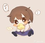  1girl ? animal animal_on_hand bird blush brown_hair chibi chick ina_(1813576) japanese_clothes kaga_(kantai_collection) kantai_collection long_sleeves side_ponytail simple_background solo spoken_question_mark twitter_username 