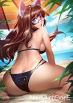 1girl :o animal_ears ass bare_shoulders barefoot beach bikini breasts brown_hair butt_crack cat_ears clouds copyright_request from_behind glasses long_hair medium_breasts nudtawut_thongmai parted_lips sand side_ponytail sitting sky solo sweat thighs umbrella violet_eyes wariza