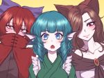  3girls animal_ears bangs black_shirt blue_eyes blue_hair blush bow breasts brooch brown_hair cape chestnut_mouth covered_mouth curly_hair dress embarrassed eyebrows_visible_through_hair eyes_visible_through_hair flat_chest gradient_eyes hair_between_eyes hair_bow hair_over_one_eye highres imaizumi_kagerou japanese_clothes jewelry kimono long_hair looking_at_viewer looking_away medium_breasts mermaid miata_(miata8674) monster_girl multicolored_eyes multiple_girls off_shoulder open_mouth red_cape red_eyes redhead ribbon-trimmed_headwear ribbon_trim sekibanki shiny shiny_hair shirt simple_background touhou upper_body wakasagihime white_dress wolf_ears 