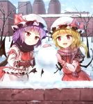  2girls ascot bare_tree bat_wings black_gloves black_scarf blonde_hair blue_sky blush building buttons clock crystal day demon_wings fangs flandre_scarlet frilled_shirt_collar frills gloves grey_skirt hat hat_ornament hat_ribbon juliet_sleeves long_sleeves mansion minust mob_cap multiple_girls outdoors pink_gloves puffy_sleeves purple_hair red_ascot red_eyes red_ribbon red_skirt red_vest remilia_scarlet ribbon scarf shirt short_hair siblings sisters skirt sky snow snowing snowman teeth touhou tree tsurime vest wall white_hat white_shirt wings 