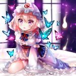  1girl :o blue_dress breasts butterfly dress ghost hat hitodama japanese_clothes kimono large_breasts long_sleeves looking_at_viewer mob_cap nagare obi open_mouth pink_eyes pink_hair saigyouji_yuyuko sash short_hair solo touhou triangular_headpiece wide_sleeves 