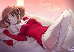  1girl absurdres blush breasts brown_eyes brown_hair elbow_gloves gloves hat highres idolmaster idolmaster_cinderella_girls large_breasts looking_at_viewer santa_costume santa_hat sketch smile solo thigh-highs totoki_airi twintails wattsu white_legwear 