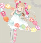  1girl blonde_hair dessert dress eating food green_eyes hair_ornament hair_ribbon holding holding_food ice_cream ice_cream_on_head leaning_to_the_side mismatched_legwear nail_polish nucco one_eye_closed open_mouth original ribbon striped striped_legwear text twintails 