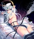  1girl ass bare_shoulders blue_eyes breasts demon_tail detached_sleeves facial_tattoo from_behind glasses horns leotard long_hair looking_at_viewer masao original pointy_ears silver_hair solo tail tattoo thigh-highs wings 