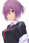  1girl black_sweater breasts closed_mouth collared_shirt fate/grand_order fate_(series) glasses hair_over_one_eye haru_(hiyori-kohal) looking_at_viewer medium_breasts necktie off_shoulder one_eye_covered purple_hair red_necktie school_uniform shielder_(fate/grand_order) shirt short_hair simple_background smile solo sweater upper_body violet_eyes white_background white_shirt 