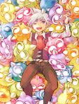  1boy :d ;d belt cravat dress_shirt full_body jewelry koutetsu_(fe_steel_stone) looking_at_another lying male_focus minior minior_(shields_down) npc npc_trainer on_back one_eye_closed open_mouth pokemon pokemon_(creature) ring shirt silver_hair smile tsuwabuki_daigo 