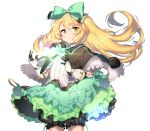  1girl anpolly atelier_(series) atelier_shallie blonde_hair bloomers bow closed_mouth cowboy_shot curly_hair frills frown gloves green_bow green_eyes green_skirt hair_bow long_hair miruca_crotze shawl skirt solo underwear white_background 