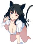  1girl ;d animal_ears black_hair blue_eyes breasts cat_ears cat_tail cleavage long_hair looking_at_viewer masao one_eye_closed open_mouth original simple_background smile tail white_background wrist_cuffs 
