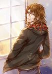  1boy brown_eyes brown_hair contemporary cowboy_shot dated denim dr. granblue_fantasy hands_in_pockets hood hoodie jeans long_hair looking_back male_focus pants siegfried_(granblue_fantasy) signature smile solo window 
