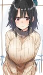  1girl beret black_hair blush breasts eyebrows eyebrows_visible_through_hair hat isshiki_(ffmania7) kantai_collection large_breasts red_eyes ribbed_sweater short_hair solo sweater takao_(kantai_collection) upper_body wavy_mouth 