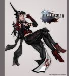  1girl aranea_highwind armor breasts cape cleavage copyright_name final_fantasy final_fantasy_xv frostce highres legs_crossed logo looking_at_viewer midriff navel silver_hair sitting solo visor_(armor) 