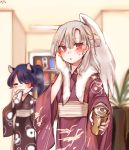  2girls =v= animal_ears beer_can blue_hair can doremy_sweet drinking drinking_cup highres japanese_clothes kimono kishin_sagume multiple_girls red_eyes silver_hair tapir_ears tis_(shan0x0shan) touhou towel wings 
