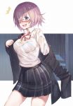  /\/\/\ 1girl :d black-framed_eyewear black_jacket black_skirt blazer bra collared_shirt cowboy_shot dress_shirt dripping embarrassed fate/grand_order fate_(series) glasses hair_over_one_eye haru_(hiyori-kohal) jacket long_sleeves looking_at_viewer miniskirt neck_ribbon off_shoulder one_eye_covered open_blazer open_clothes open_jacket open_mouth plaid plaid_skirt pleated_skirt projected_inset purple_hair red_ribbon ribbon school_uniform see-through shade shielder_(fate/grand_order) shirt short_hair skirt smile solo surprised underwear undressing violet_eyes wavy_mouth wet wet_clothes wet_shirt wet_skirt white_shirt 