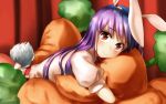  1girl animal_ears bangs bunny_tail carrot_pillow closed_mouth eyebrows_visible_through_hair lavender_hair long_hair looking_at_viewer lying on_stomach pillow pillow_hug puffy_short_sleeves puffy_sleeves purple_hair rabbit_ears red_eyes reisen_udongein_inaba shirt short_sleeves signature skirt smile solo tail touhou u-eruto 