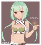  1girl emerald_sustrai fire green_hair highres lighter merry_(168cm) navel red_eyes rwby tongue tongue_out 