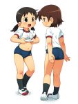  2girls adjusting_buruma adjusting_clothes ass bad_id black_hair black_legwear brown_hair buruma child gym_uniform kamo_(mitsudomoe) kneehighs konba mitsudomoe multiple_girls navel om_(nk2007) open_mouth shirt_lift shoes short_hair socks twintails uwabaki 