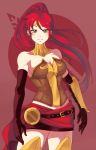  1girl armlet bare_shoulders belt black_gloves blush breasts cleavage elbow_gloves female gloves greaves green_eyes highres jewelry long_hair looking_at_viewer medium_breasts pencil_skirt ponytail pyrrha_nikos red_background redhead rwby skirt solo standing strapless tiara 