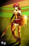  1girl armlet bare_shoulders black_gloves boots breasts cleavage elbow_gloves female full_body gloves greaves green_eyes highres jadenkaiba large_breasts light_rays long_hair looking_at_viewer polearm ponytail pyrrha_nikos redhead rwby serious shield skirt solo spear strapless thighs tiara weapon 