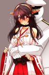  1boy 1girl admiral_(kantai_collection) black_hair blush breasts detached_sleeves duplicate eyebrows_visible_through_hair gloves hair_ornament hairclip haruna_(kantai_collection) headgear hug hug_from_behind kantai_collection large_breasts long_hair long_sleeves military military_uniform nontraditional_miko open_mouth orange_eyes remodel_(kantai_collection) surprised translated tsukui_kachou uniform white_gloves 